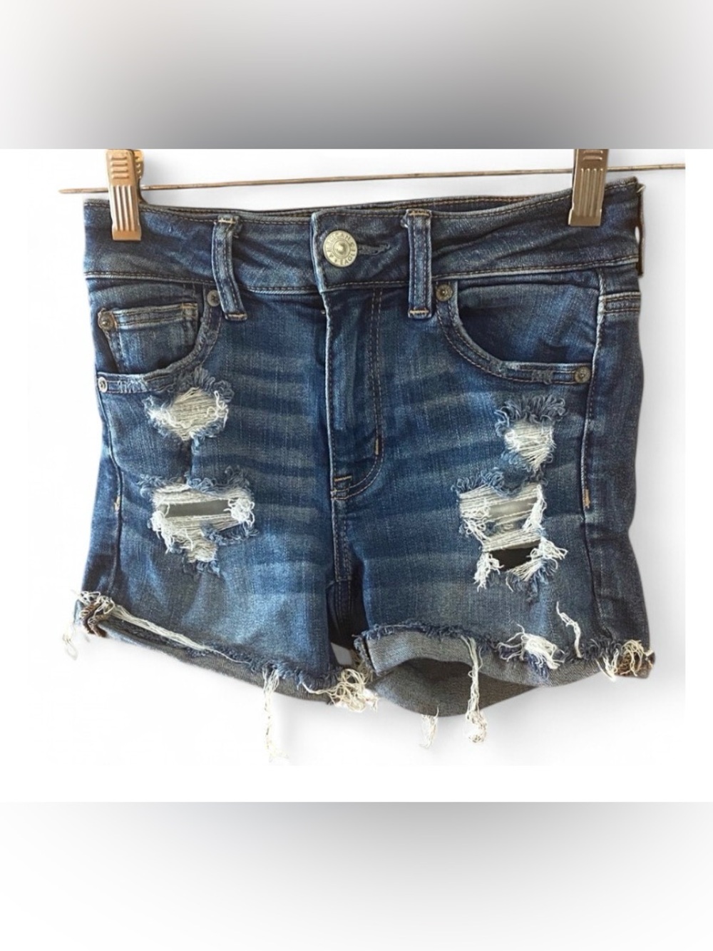 American Eagle High Rise Denim Shorts Size 0 Distressed Stretch Dark Blue Shorty